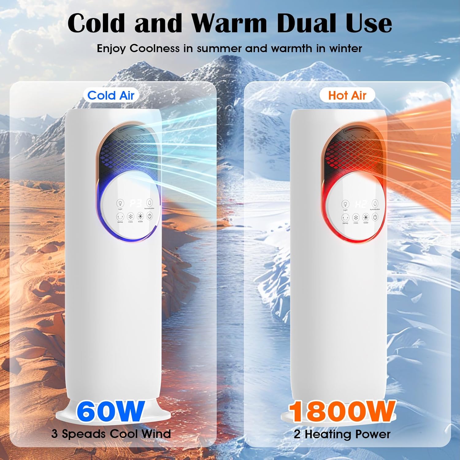 Cobuy 4-in-1 Tower Fan and Heater Combo showing cold air output