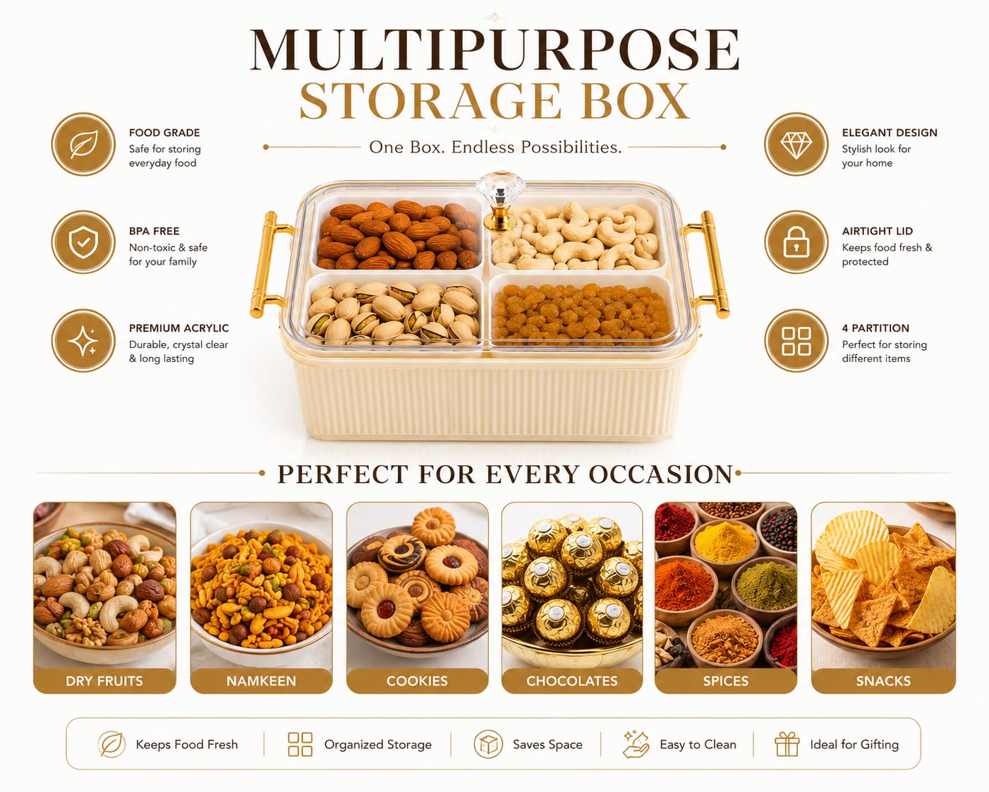DARKFISH Dry Fruit Storage Box with Lid | 4 Compartment Acrylic Serving Tray, 25x23x10cm | BPA-Free, Gold Handles | Diwali & Wedding Gift Box | Snack & Nuts Organizer Tray, Ivory 3