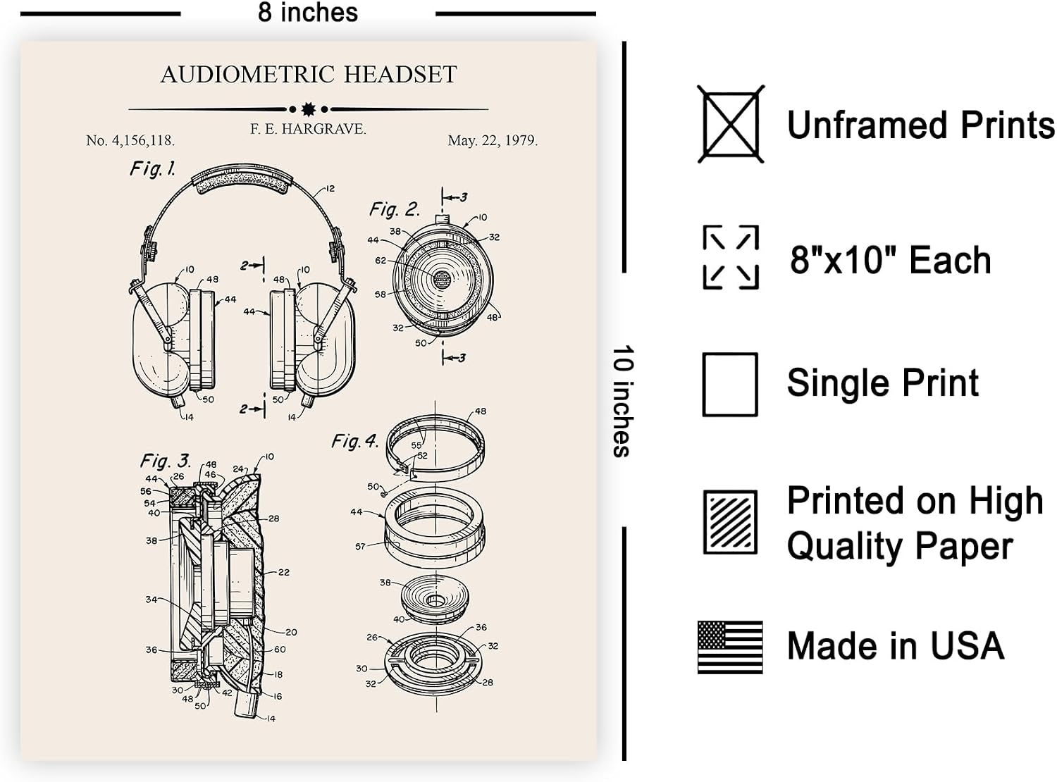 Poster Master Headphones Patent Print - Blueprint Poster - Recording Studio Art - Technical Drawing Wall Design - Sound & Music Art - Great Music Room or Office Decor - 8x10 UNFRAMED Wall Art