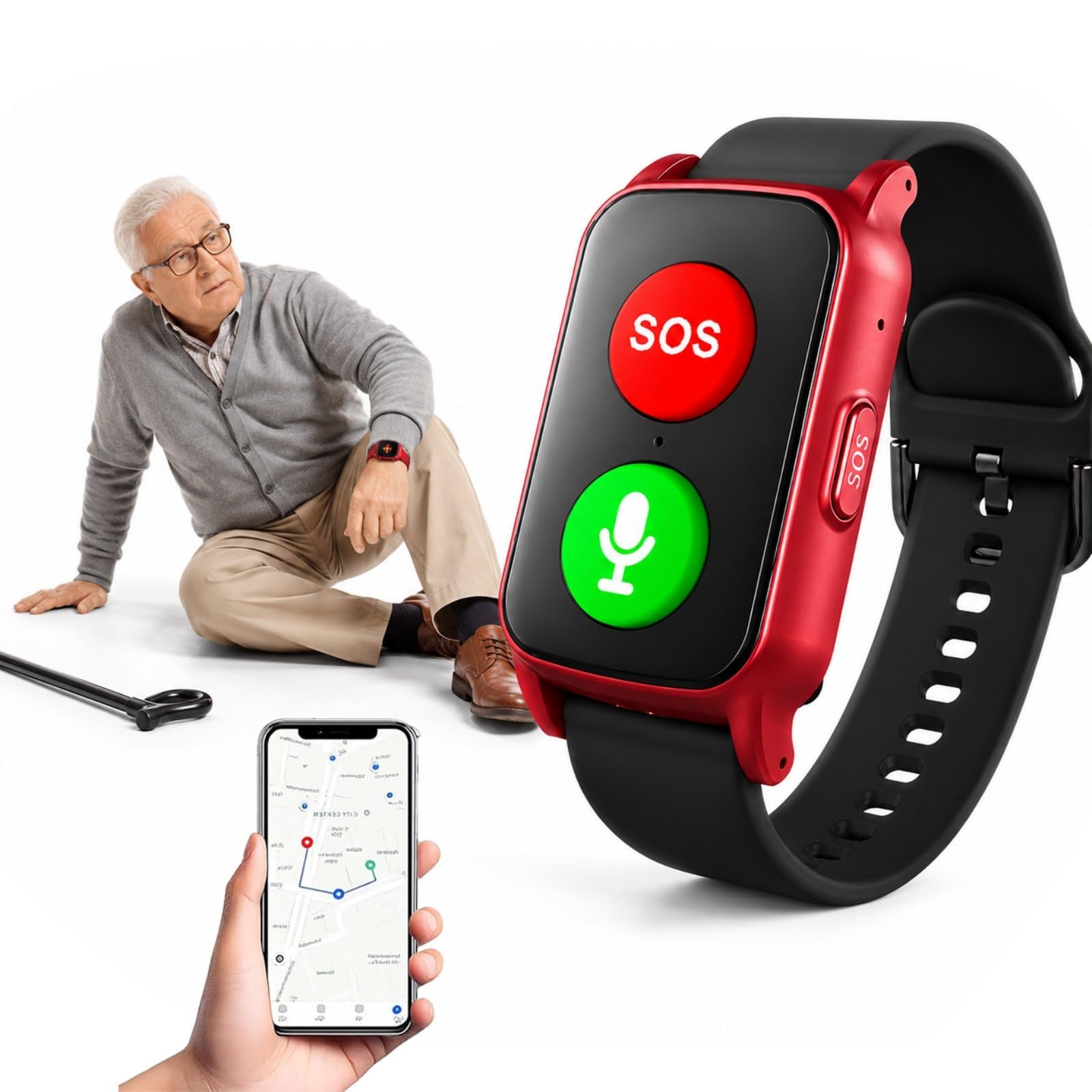 HCAUYNN Elderly Safety Smartwatch with GPS Tracking, Fall Alert, One-Touch SOS Call, Loud Speaker, Safe Zone Alerts and Route History