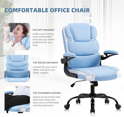 Miniatura 4 de Silla de escritorio ergonómica azul para oficina, con soporte lumbar, con ruedas y reposabrazos abatible, silla ajustable de piel sintética para