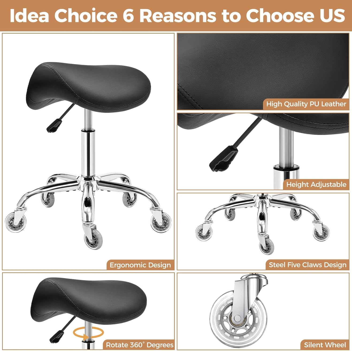 BEWISHOME Ergonomic Rolling Saddle Stool, Height-Adjustable Rolling 360° Swivel Saddle Stool Chair with Thickened Saddle Seat Padding, for Salons, Spas, Office, Black BMD02B