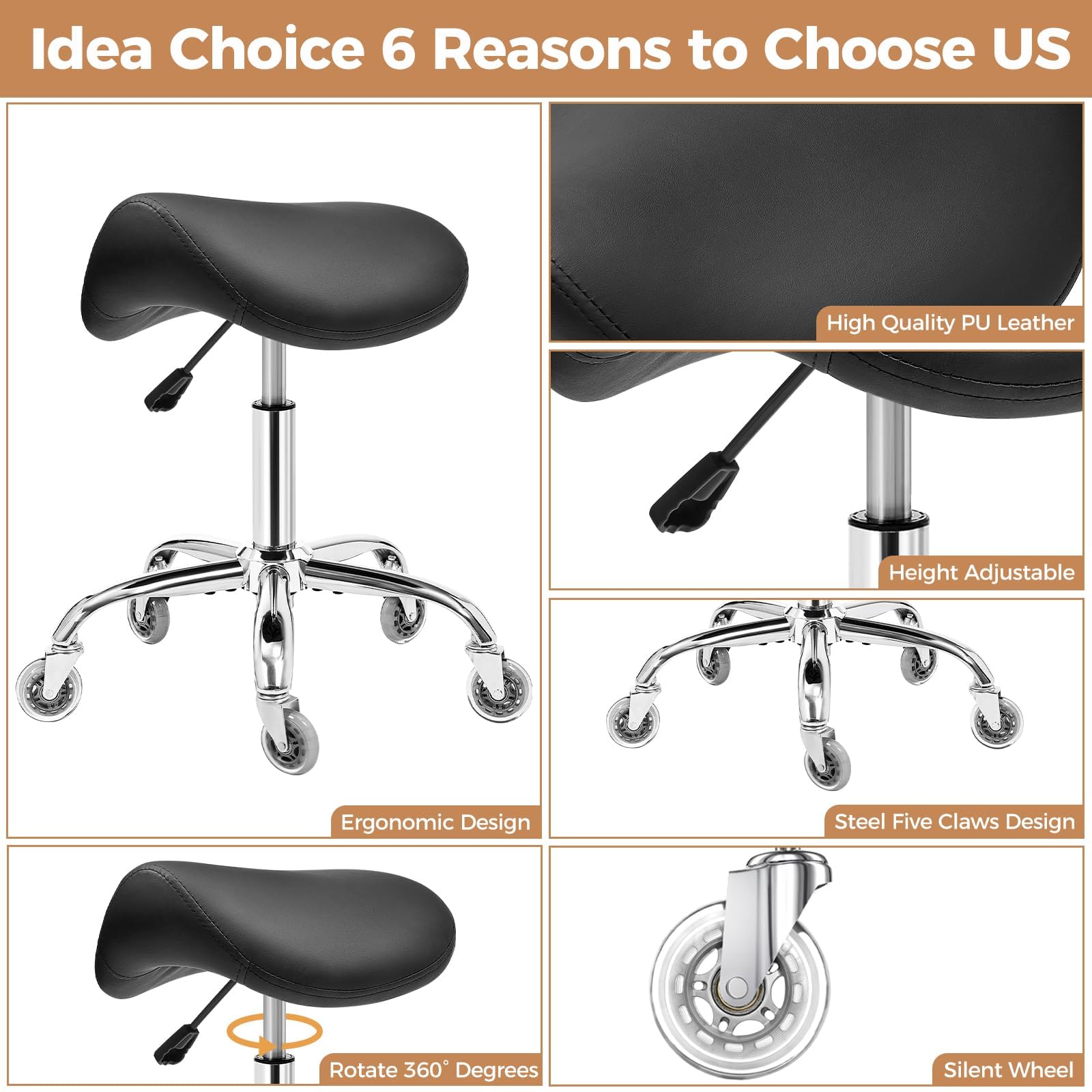 BEWISHOME Ergonomic Saddle Stool with Wheels, Swivel Height-Adjustable Black