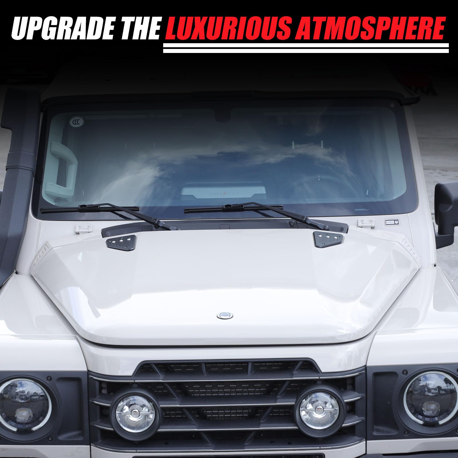 Hood Trim Compatible with INEOS Grenadier 2020-2024 Accessories, Engine Hood Expansion Cover Trim, Expandable Searchlight Bracket, Hood Light Mount Base Holder Replacement Kit, Aluminum Alloy (Black)