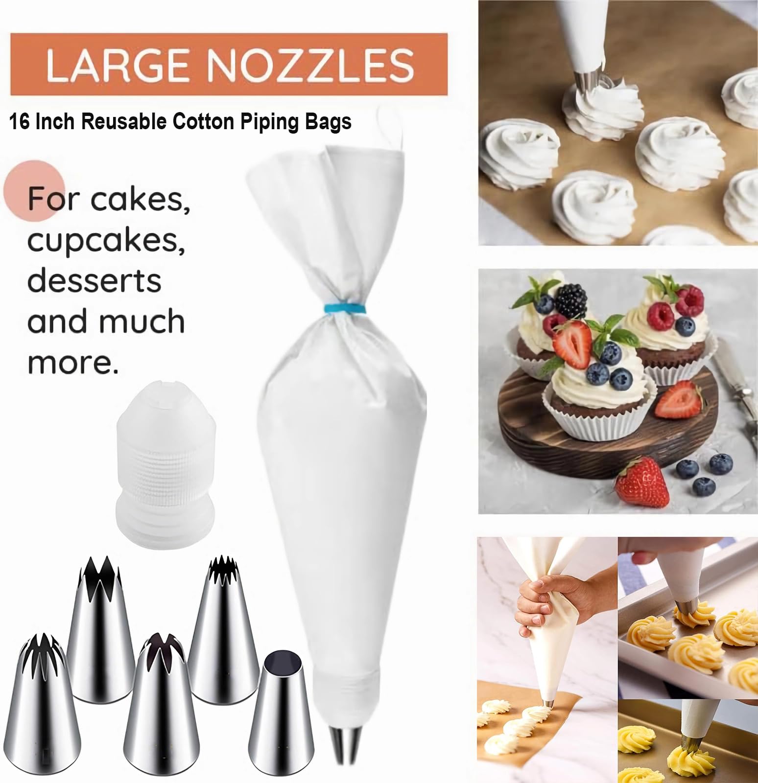 17 puntas de tubería extra grandes, kit de tuberías de acero inoxidable, puntas de pastelería profesionales, bolsas de tuberías reutilizables y decorar la boquilla de glaseado, puntas de 3