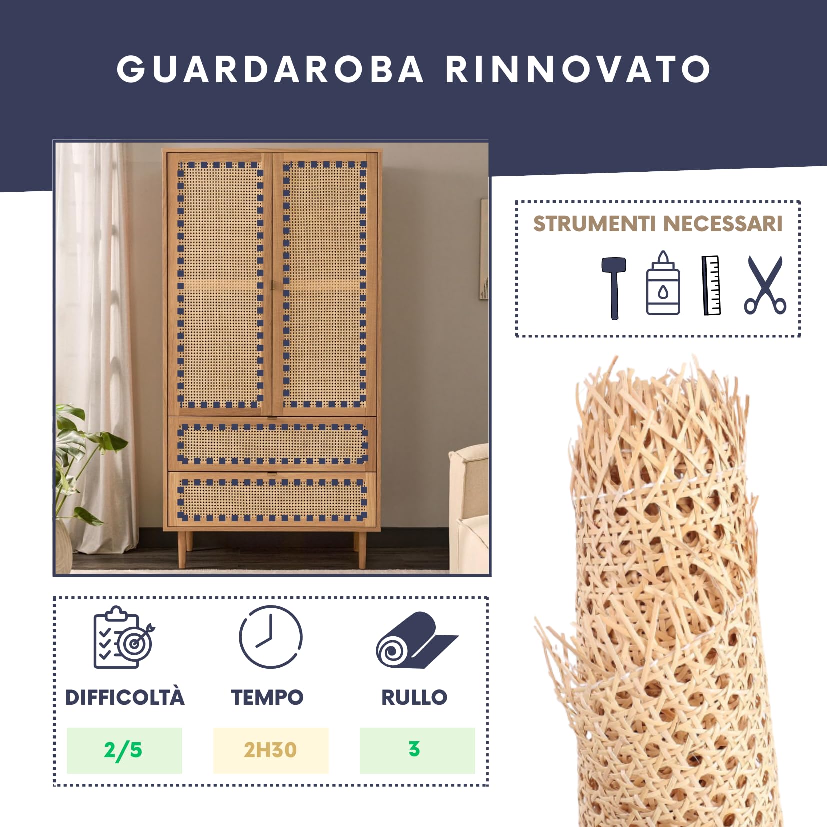 Rotolo di Rattan Naturale per la Riparazione e Il Restauro di Mobili e Sedie, Perfetto per i Tuoi Progetti DIY e Artigianali (60x100 CM) Materiale di Rattan Versatile e Resistente