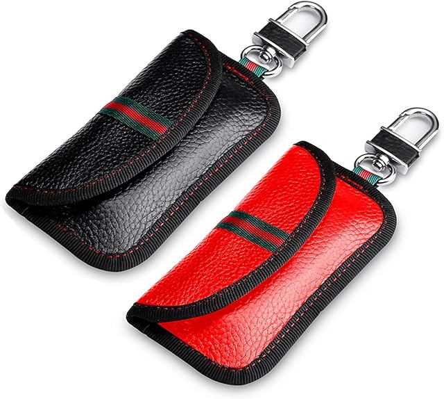 VAWcornic 2 Pack Faraday Pouch for Car Keys, Genuine Leather Faraday Bag Keyless Car Key Signal Blocker Pouch RFID Blocker Bag for Car Security, Anti-Theft Remote Entry Fobs Protection  Black+Red