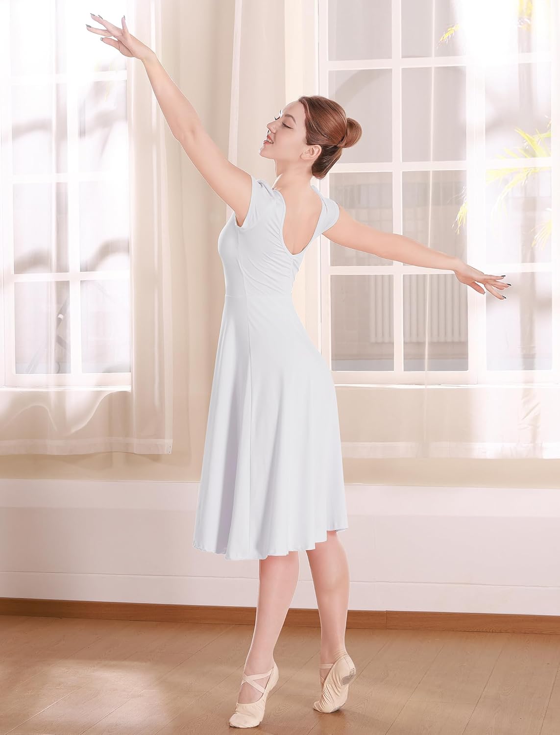 ODASDO Women Ballet Dance Short Sleeve Long Dress Lyrical Costumes Modern Contemporary Stage Performance Dancewear