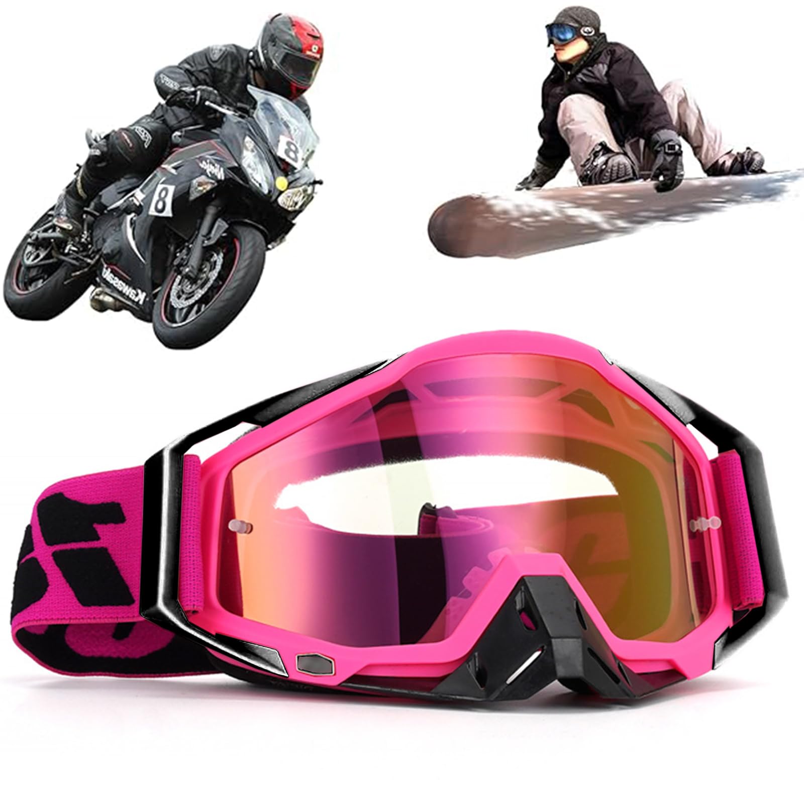 Occhiali da Motocross, Antivento e Antipolvere, Antiappannamento e UV, per Dirt Bike, Sci, Cross, Ciclismo e Gare di Fondo, Rosa 1, Multisport, Unisex