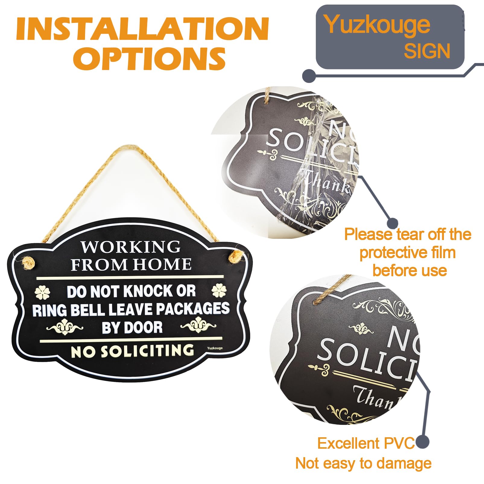 Yuzkouge Working From Home Sign, No Soliciting, PVC Material, 10” x 7” Double-Sided Privacy Sign for Door Black, Minimalist Style - Image 3