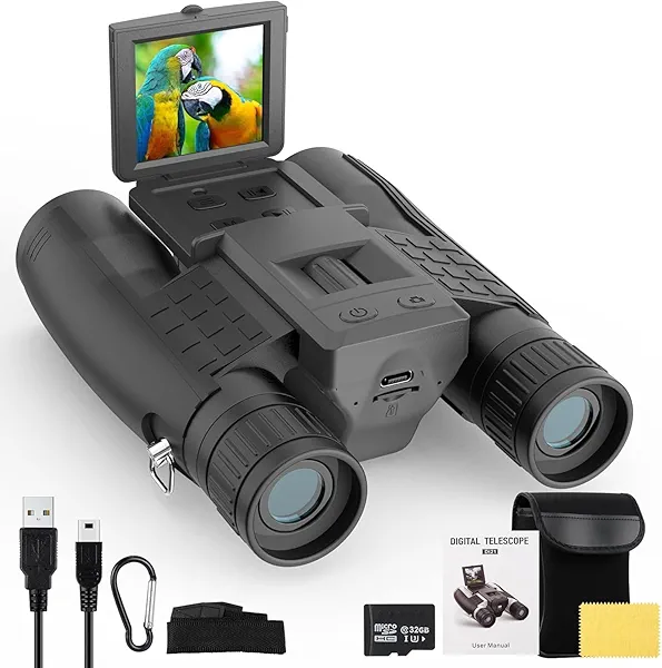 ZZSTAR 12x32 Binoculars with Camera, Foldable Binoculars for Adults High Powered, 2" LCD Display & 32GB Card, 5MP 1080P Video Photo Recorder, FMC & BAK4 Prism Lens, Large View, for Bird Watching Black