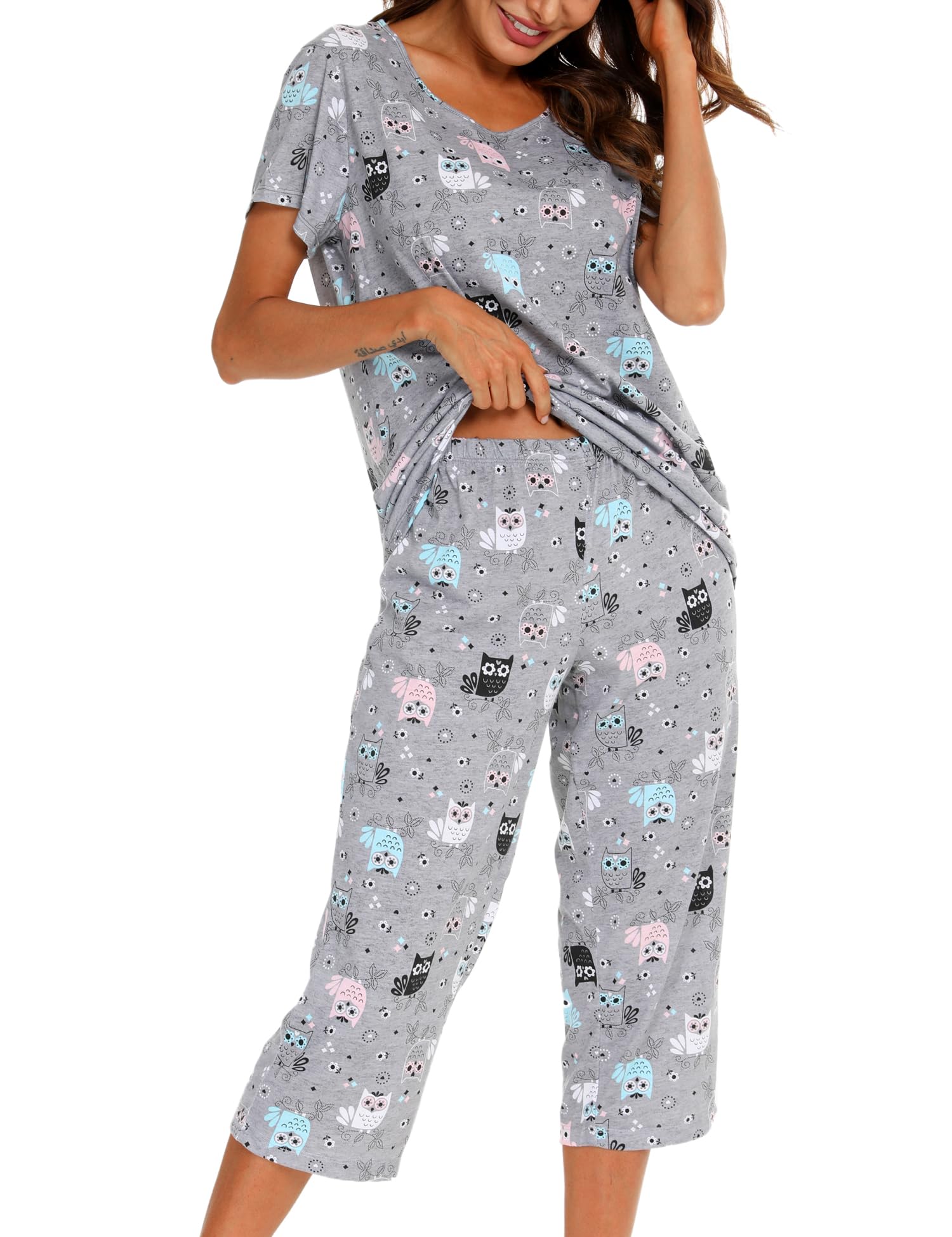 ENJOYNIGHT Womens Pajama Sets Cotton Summer Pjs Tops with Capri Pants Sleepwear