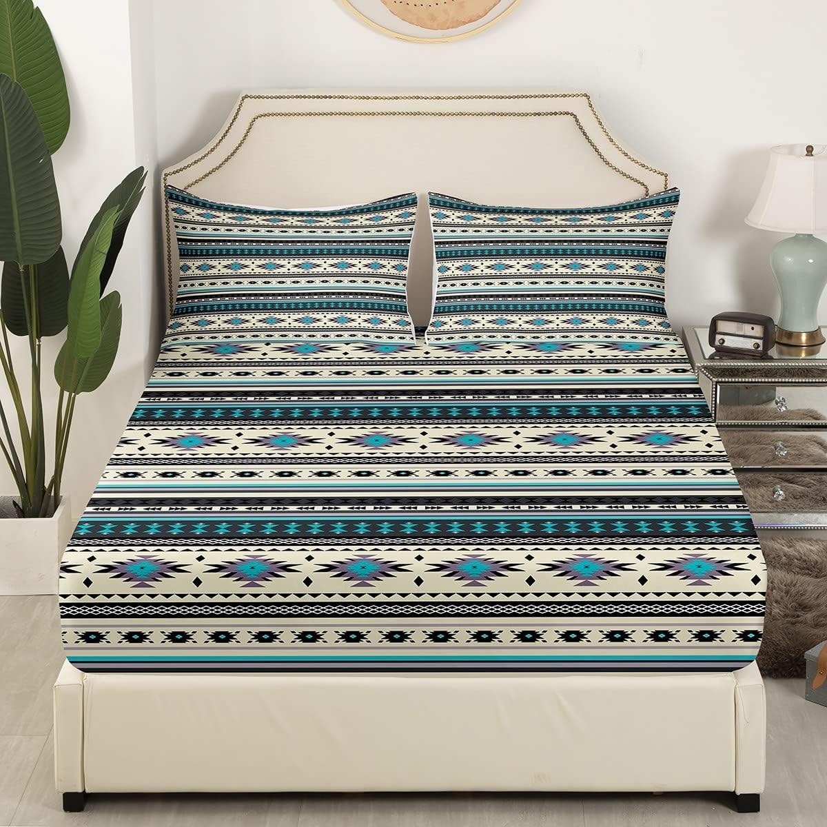 Western Bedding Sets Full Ethnic Tribal Arrow Bed Sheets,Vintage Exotic Geometric Triangle Fitted Sheet Colored Bedding,African Indian Tribal Geometric Sriped Boho Decor,Pebble Gery Blue