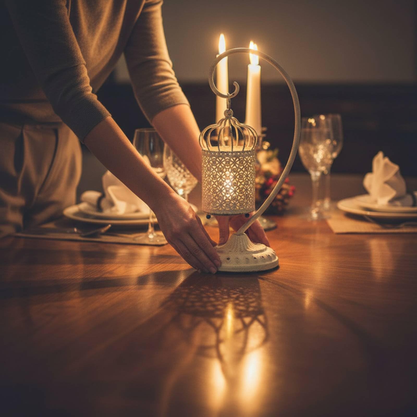 Portavelas Decorativo Farol Colgante Linterna Soporte Gancho Curvo Hierro con Base Estable Cuerpo Cilíndrico con Calados Florales Ilumina con Dibujos, Blanco