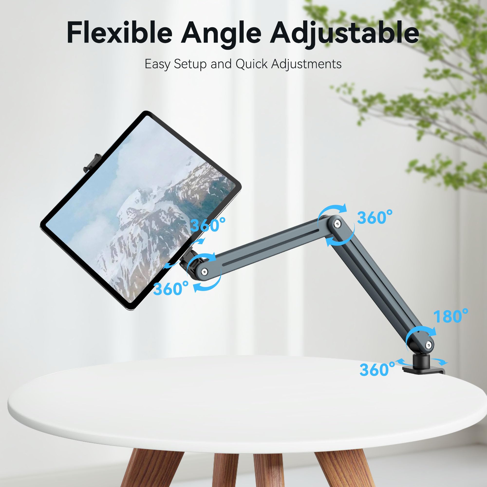 Mechrig Aluminum Tablet Stand Holder - 360° Adjustable & Foldable Phone iPad Holder for Desk Mount, Dual-Device Desk Clamp for iPad Pro/Air/Mini, Samsung Galaxy Tab, Kindle, Switch & Phones 4-13