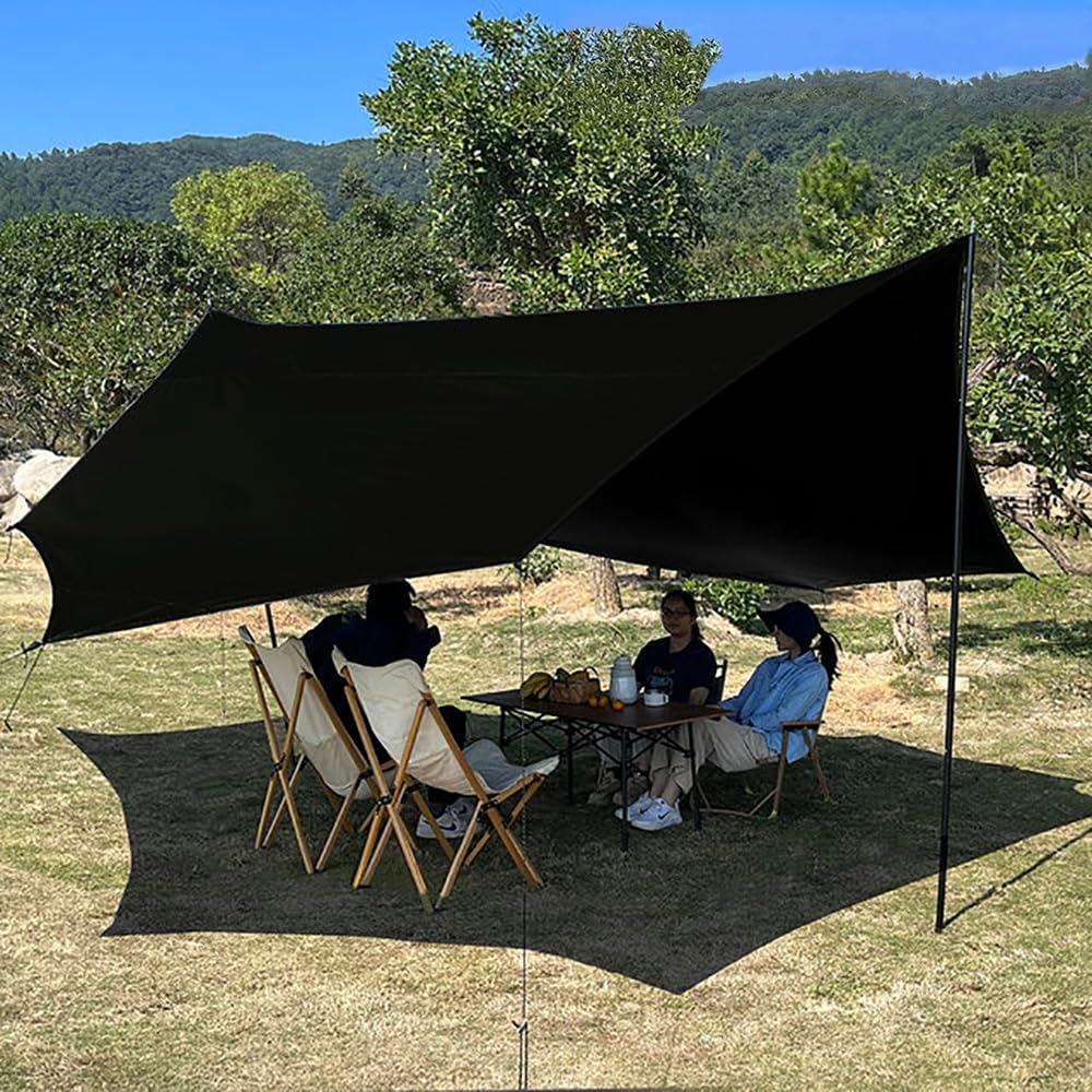 16x16 ft Large Camping Tarp with Poles Waterproof Hammock Rain Fly Camping Awning Sun Shelter (Black, with Poles)