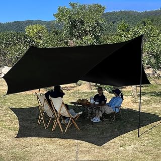 16x16 ft Large Camping Tarp with Poles Waterproof Hammock Rain Fly Camping Awning Sun Shelter (Black, with Poles)