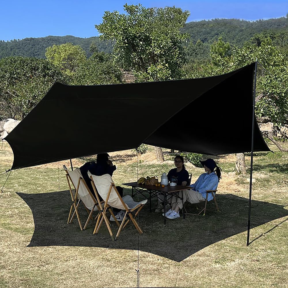 Bâche de Camping 5x5 m avec Mâts Toile de Pluie Imperméable pour Hamac Auvent de Camping Abri Solaire (Noir)