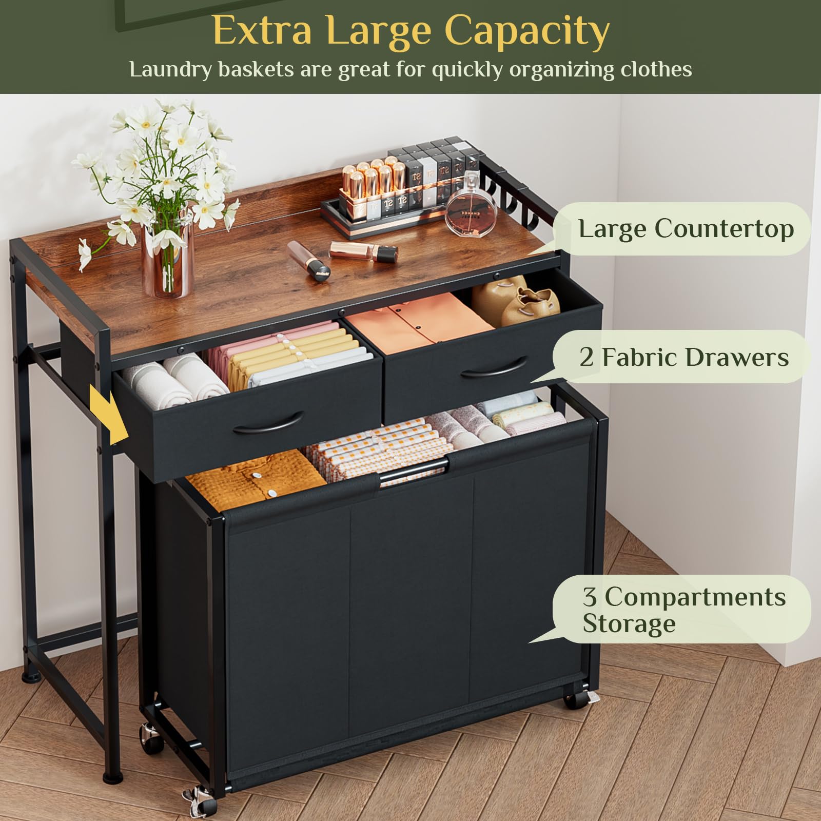 Carro para la ropa sucia con mueble, 120 l, 3 compartimentos, 2 cajones de tela, superficie de madera, 85 x 74 x 30 cm, negro (negro, 83 x 32 x 85 cm)