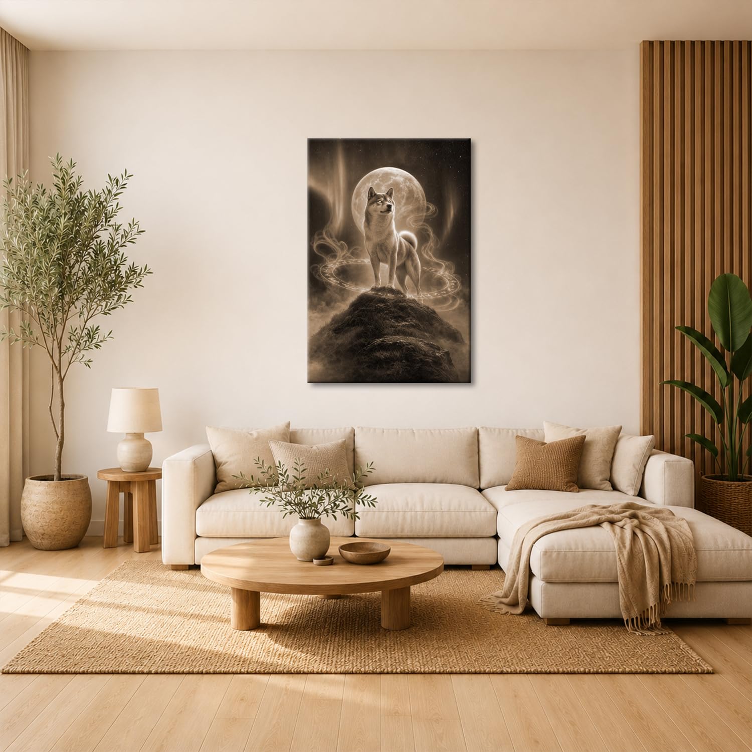 deyoli Obraz na płótnie Shiba Inu ze świecącymi oczami przed księżycem 80 x 60 cm Sepia