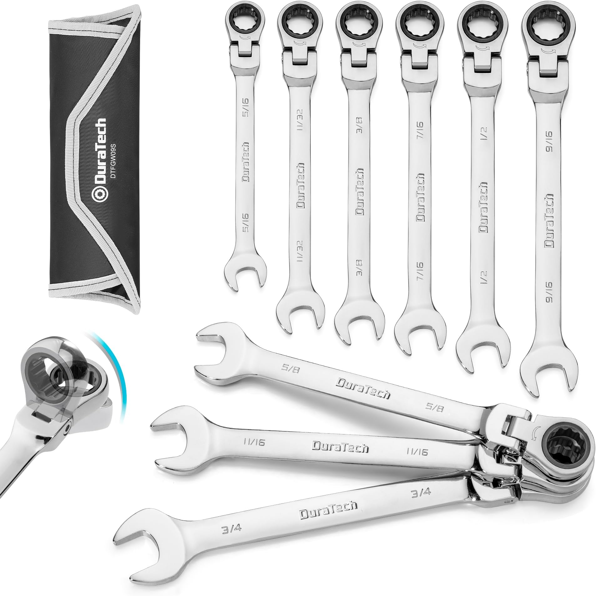 Flex-Head Ratcheting Wrench Set, Combination Wrenches Sets, 72 Tooth, SAE, 9-Piece, 5/16'' to 3/4'', CR-V Steel, Mirror Polished Chrome Plated with Rolling Pouch
