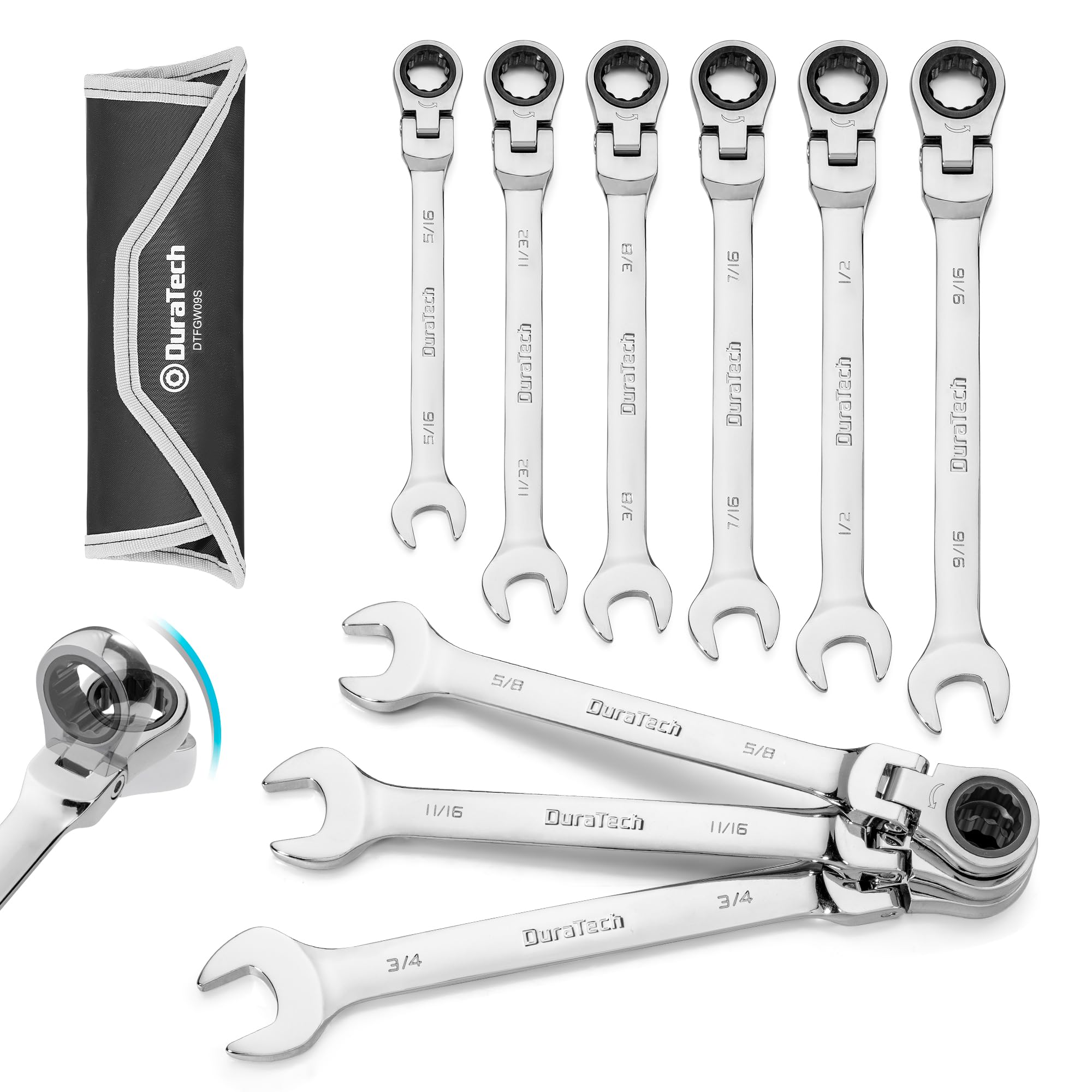 DURATECH 9-Piece Flex-Head Ratcheting Wrench Set, Combination Wrench Sets, 72 Tooth, SAE, 5/16'' to 3/4'', CR-V Steel, Mirror Polished Chrome Plated