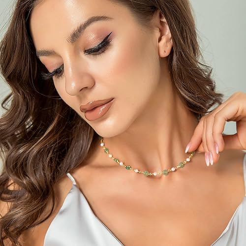 Miniatura 2 de DAUMIER Aventurine Jade Green Choker Freshwater Pearl Necklace 18inch Jewelry Birthday Gift for Mom Women