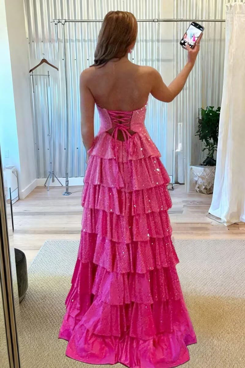 Strapless Tiered Prom Dresses for Women Ruffle Glitter Beaded Long Formal Evening Gown with Slit - Image 3