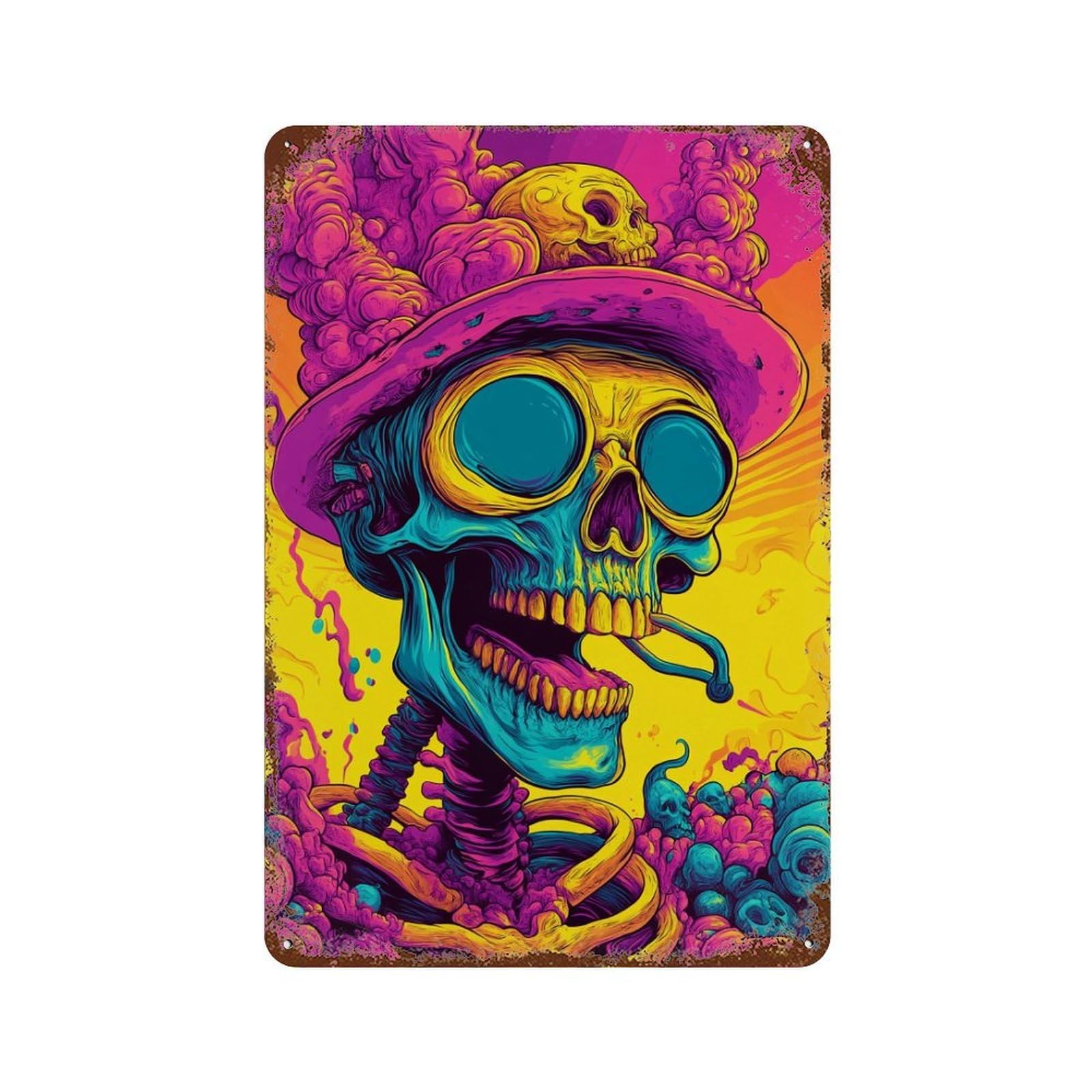 Garage Style Psychedelic Skull Art Print-2 Distressed Metal Wall Sign 11.8"x7.9", Classic Wall Plaque for Bar And Workshop