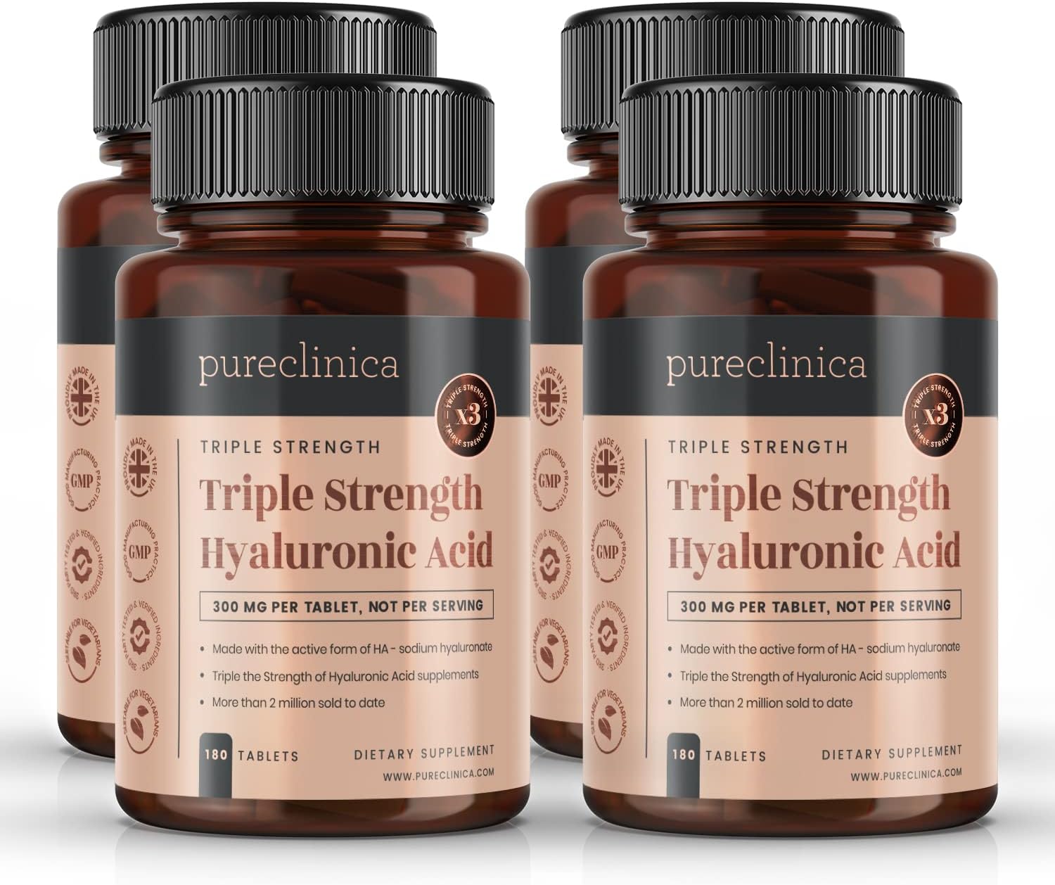 Triple Strength Hyaluronic Acid 300mg x 720 Tablets (4 Bottles with 180 Tablets in Each - 12 Months Supply). 300% Stronger Than Any Other HLA Tablet