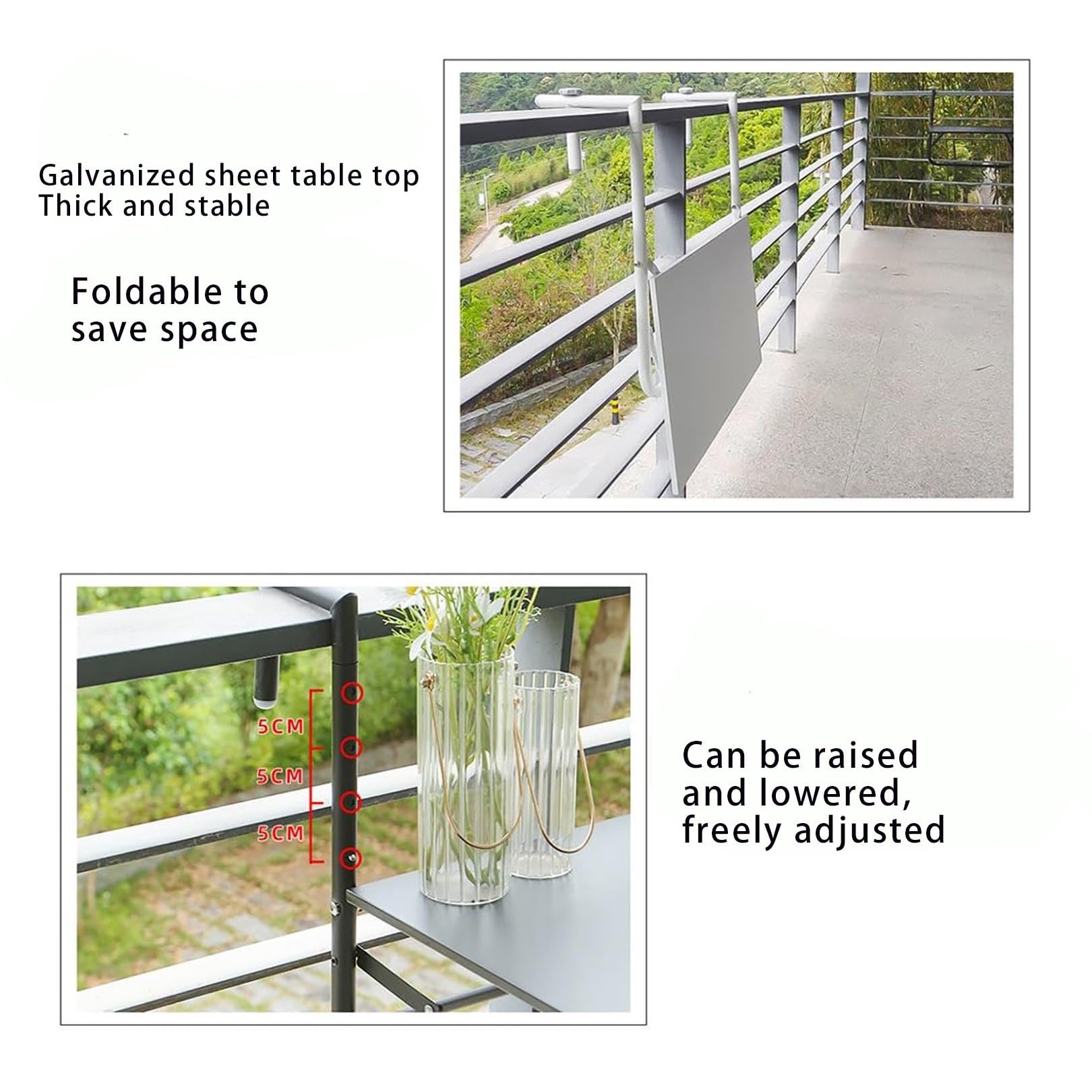 Stolik boczny na zewnątrz, stolik barowy balkonowy do balustrad, wiszący stolik balkonowy do balustrady, ulepszona pogrubiona konstrukcja, stolik boczny, metalowa rama ogrodowa na patio stojak na kwia
