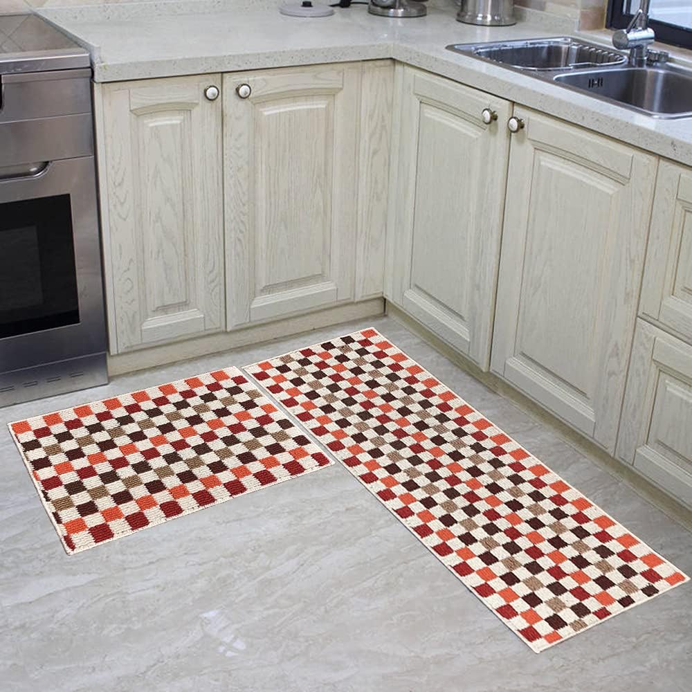 Easychan 2 Piece Carpet Rubber Backing Non-Slip Kitchen Mat Doormat Area Rugs (Red Mosaic, 17"x23"+17"x47")