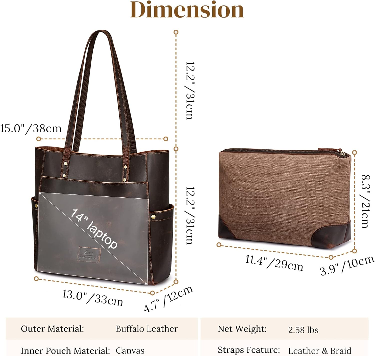 S-ZONE Genuine Leather Tote Bag Large Shoulder Purse Work Vintage Handbag for Women - Image 4