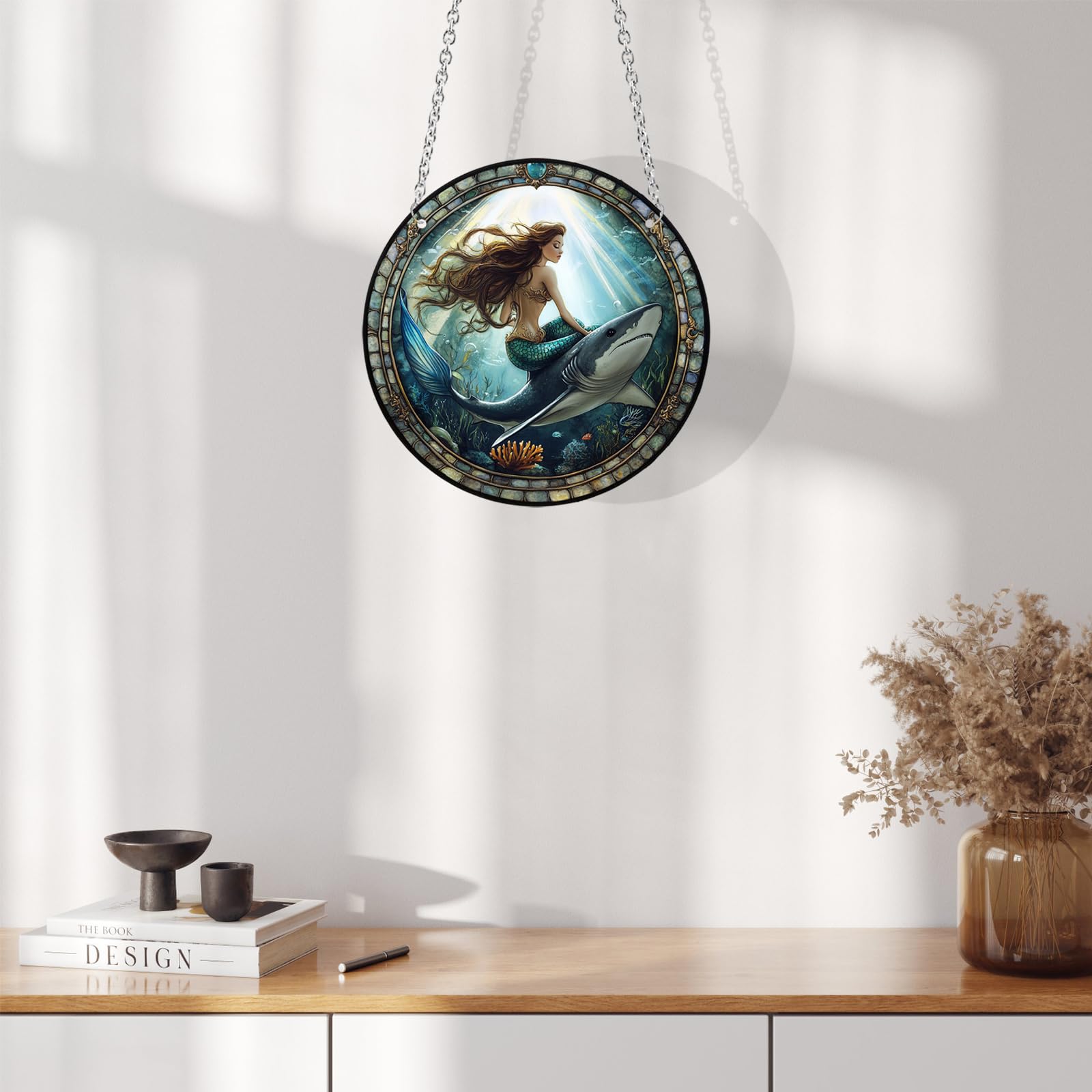 Xuoxeji Mermaid Stained Acrylic Window Hanging, 30cm/11.8in Mermaid Stain Acrylic Ornaments - Image 3