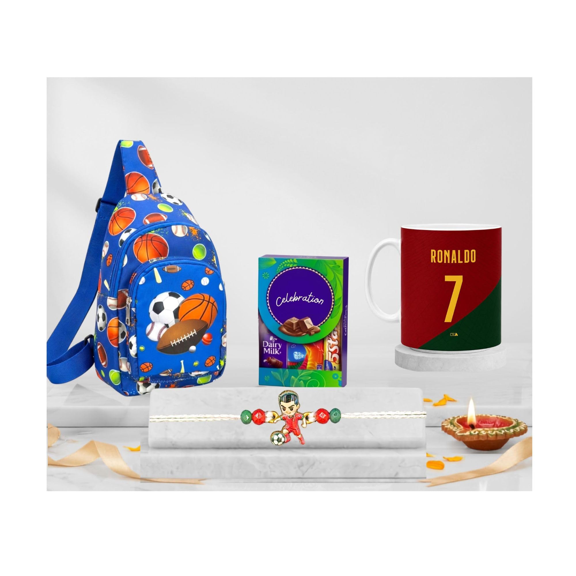 Ronaldo Sports Rakhi Gift Hamper for Brother | Football Theme Kids Rakhi with Mug Chocolate & Sling Bag | Rakhi Combo Set for Boys | With Greeting Card & & Tilak Set - MG-RO-RR3-BG4-CEL-image-40
