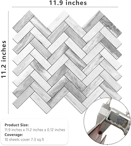 Miniatura 6 de STICKGOO Protector contra salpicaduras de espiga para despegar y pegar, 10 hojas de aspecto gris mármol para decoración de pared de cocina, azulejos