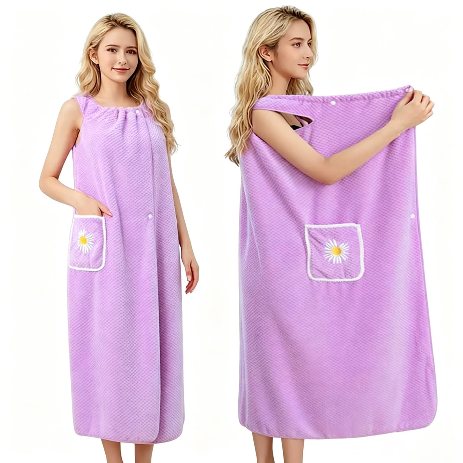 NIFTYY Women's Wrap Around Bath Towel Dress - Adjustable Straps Coral Velour Robe, Super Soft Microfiber, Quick Dry for Spa, Beach, Swimming Pool, After Shower and Hotel (Purple)