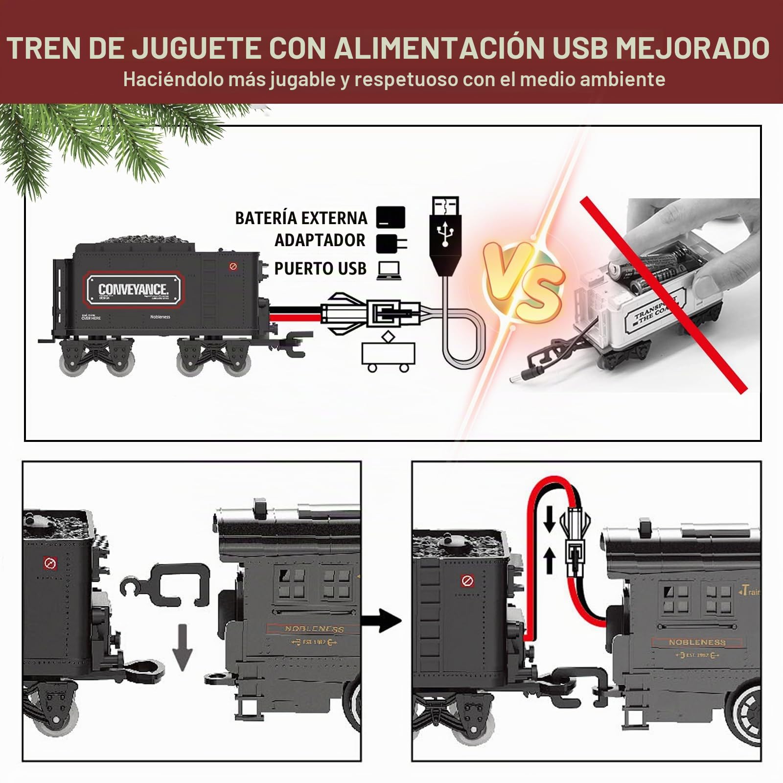 Juegos de trenes para niños de aleación de metal con locomotora de vapor, carros de pasajeros, pistas y rompecabezas, kits de ferrocarril con humo, luz y sonidos, 7, 8 años y rojo