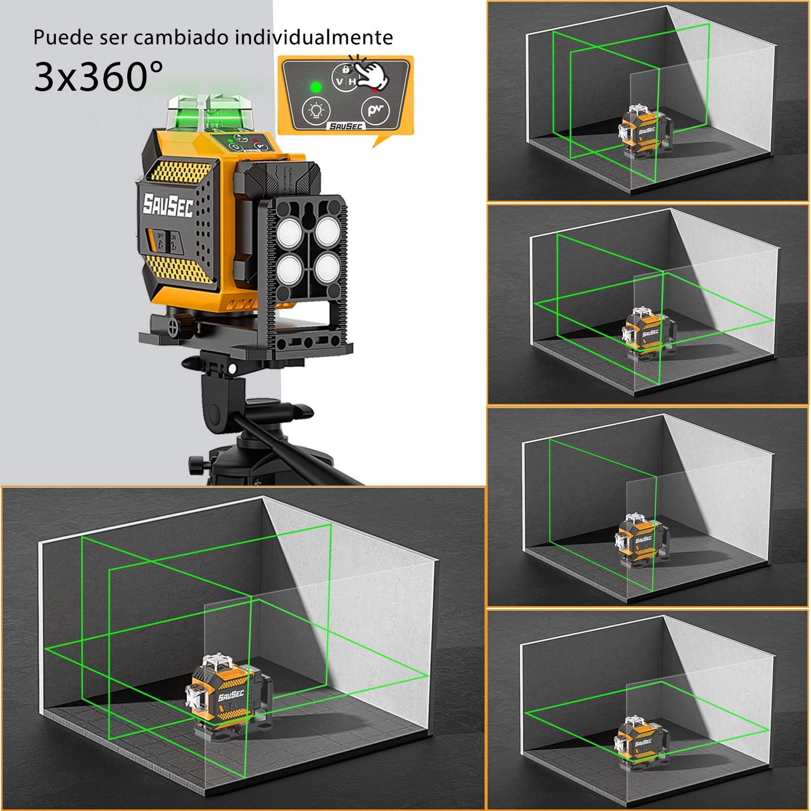 Laser a linee incrociate SAVSEC 3x360, laser a linee autolivellanti verdi 3D con modalità a impulsi, luminosità regolabile su tre livelli fino a 10 ore con batteria al litio ricaricabile (703CG-S)