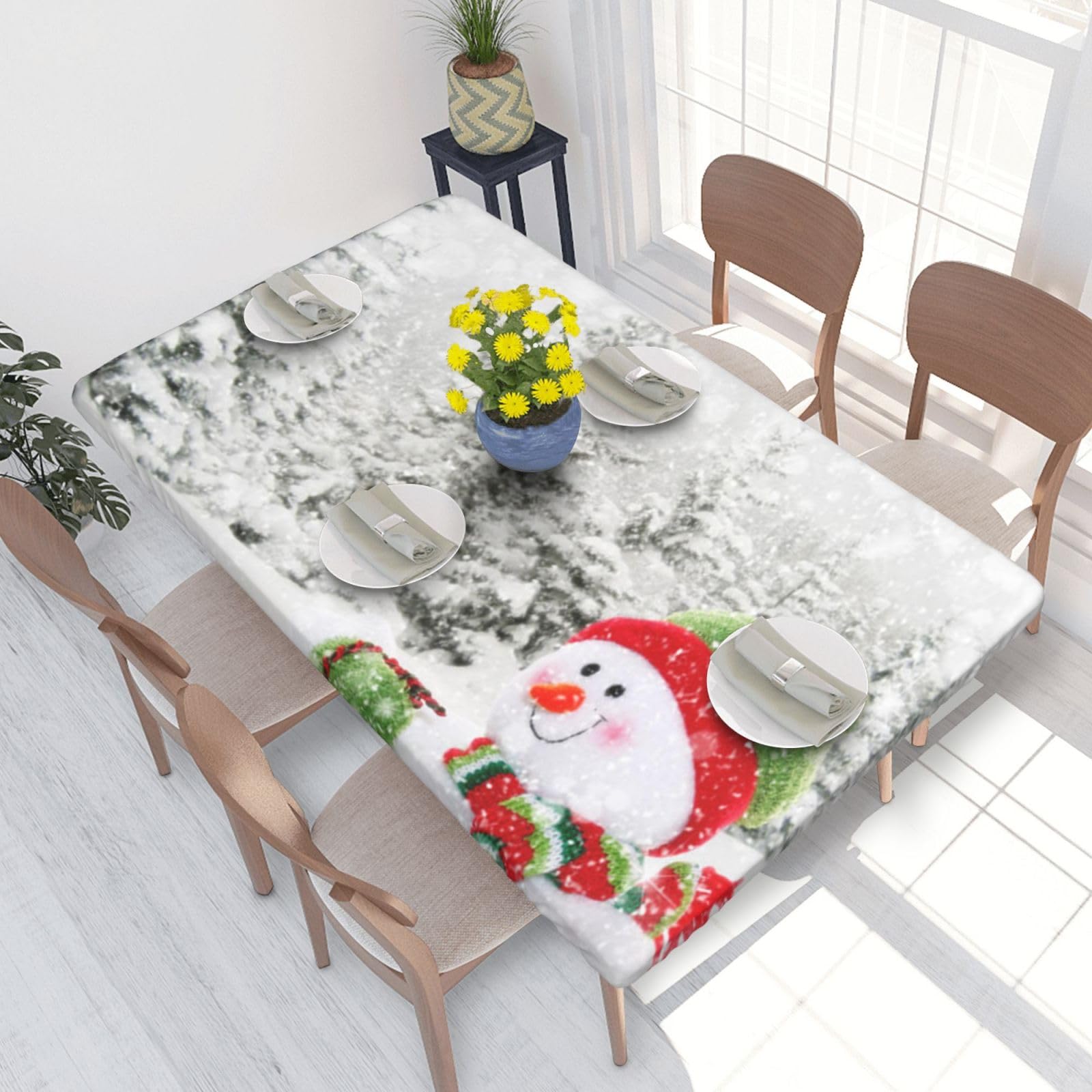 BNVSADC Merry Christmas With Happy Snowman Printed 4FT Tablecloth 122x76 CM Polyester Kitchen Water Resistant Table Cloth Dining Table Decoration Table Covers