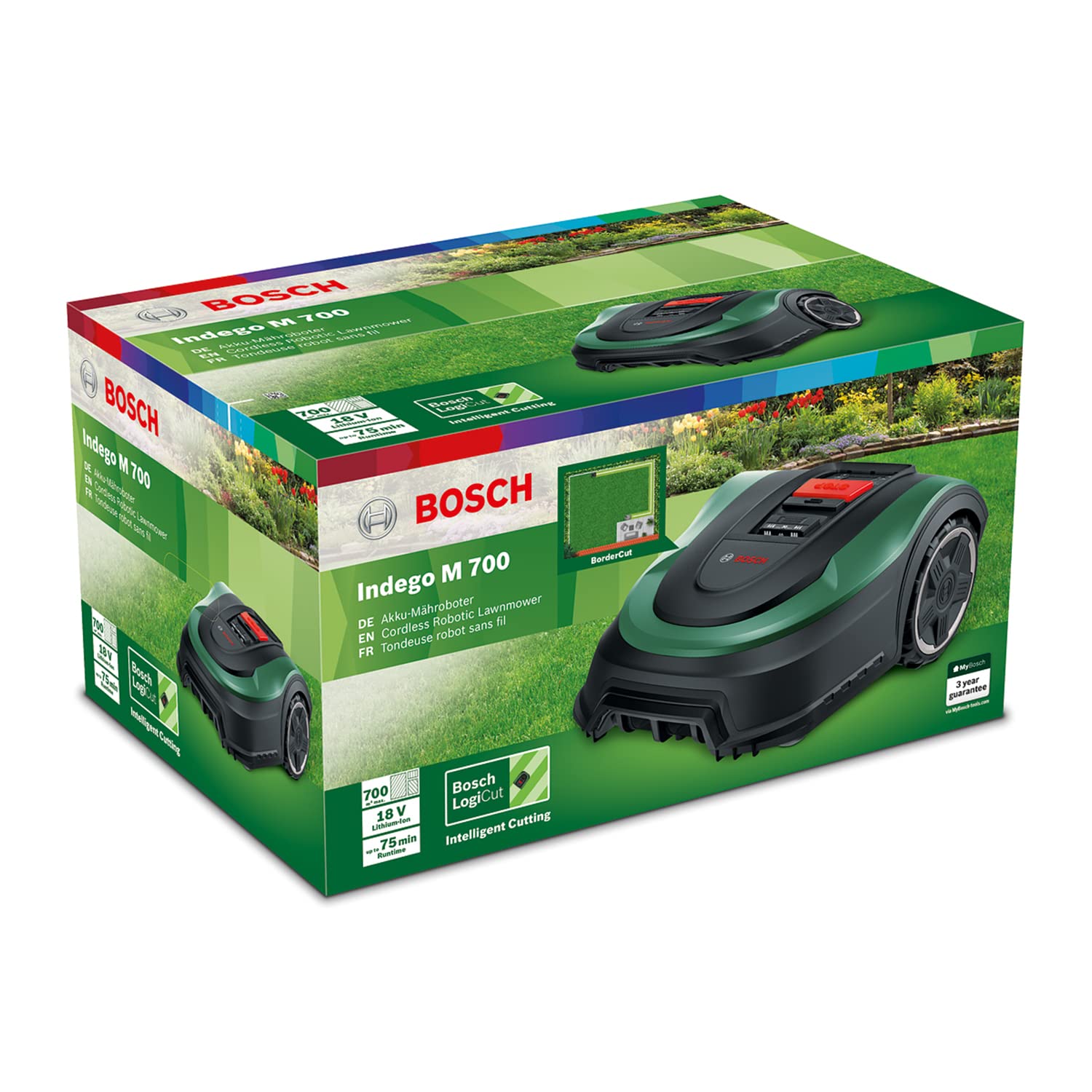 Bosch Indego M 700 kosiarka automatyczna (z akumulatorem 18 V, stacja ładująca w zestawie, szerokość cięcia 19 cm, do trawników o powierzchni do 700 m², w kartonie)