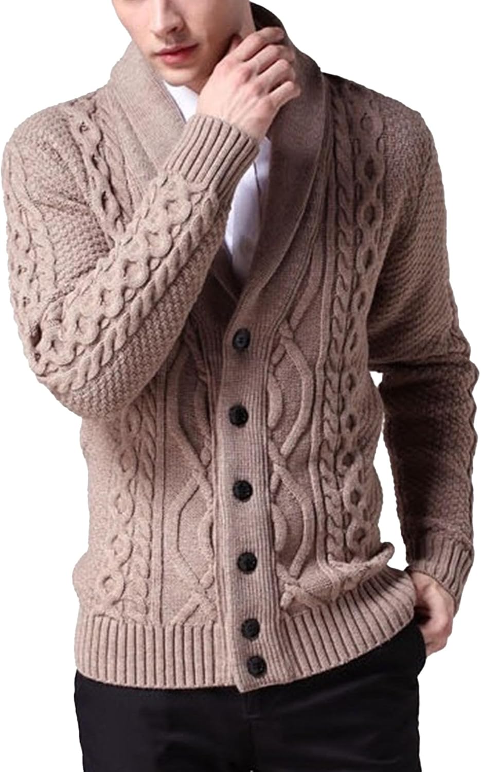 Mens Shawl Collar Cardigan Sweater Casual Long Sleeve Knitted Ribbed Cardigans Slim Fit Cable Knit Button Sweaters