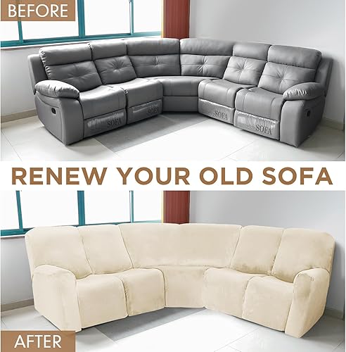 Miniatura 45 de Peryiter 7 fundas para sofá reclinable seccional en forma de L, fundas de sofá modular de 5 asientos, terciopelo de seda lechosa, funda elástica