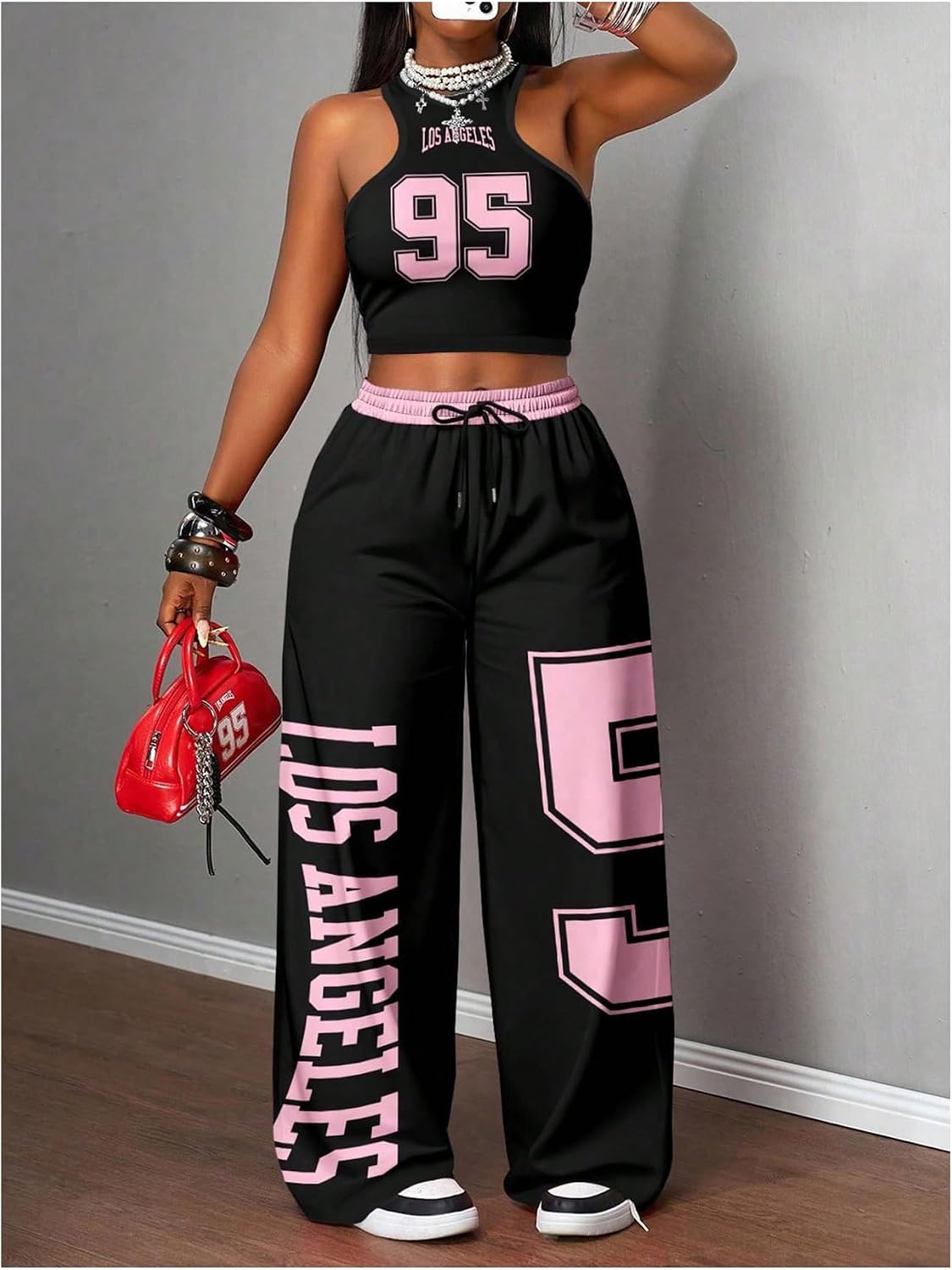 GORGLITTER Women's 2 Piece Set Y2K Jersey Graphic Crop Tank Top and Wide Leg Sweatpants Set Tracksuit Streetwear Rave Outfits