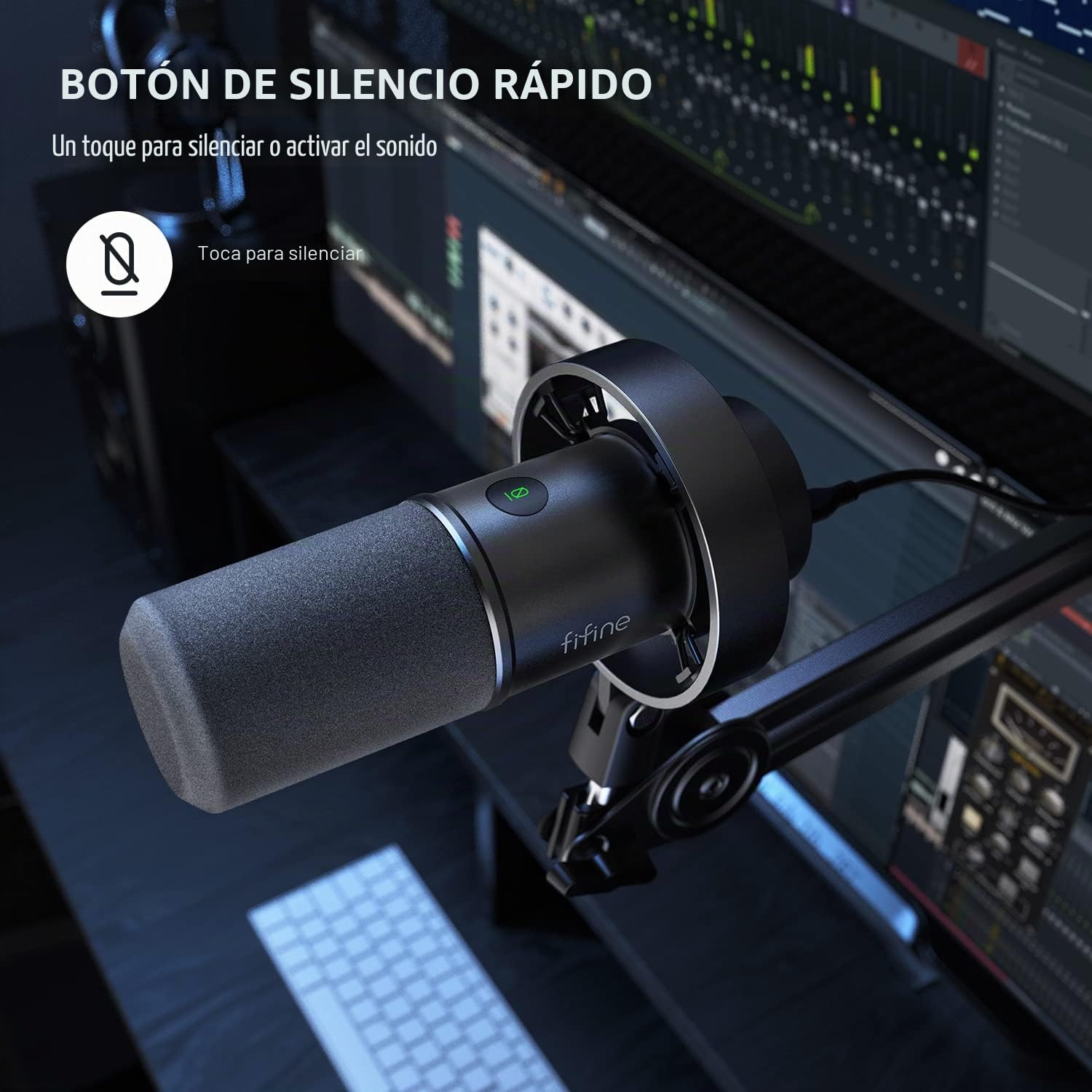 FIFINE Micrófono de grabación XLR/USB para estudio, micrófono cardioide dinámico para voz en off de música, juegos, con conector de auriculares de 3.5 mm, botón de silencio, micrófono de metal