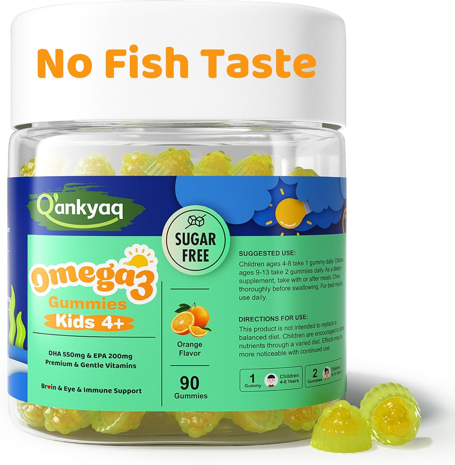 Kids Omega 3 Gummies, No Fishy Taste, Vegan Algae DHA EPA, Brain & Focus Support, with Zinc & Multivitamins, Sugar Free, 90 Gummies