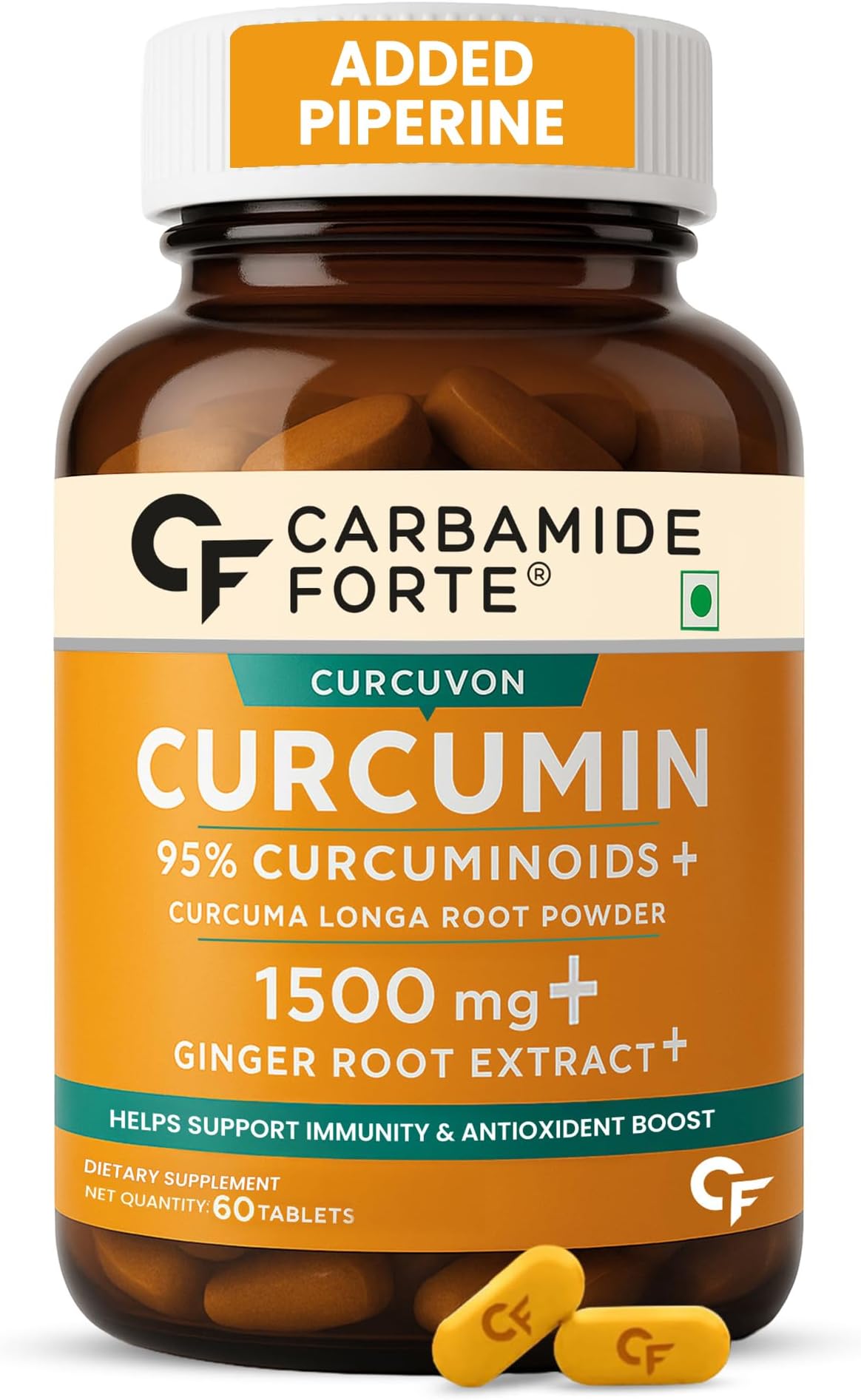 Carbamide Forte Curcumin Tablets With Piperine And 95% Curcuminoids | Anti Inflammation Supplements For Adults | Curcumin Ginger Supplement | Immunity Booster For Adults - 60 Veg Tablets