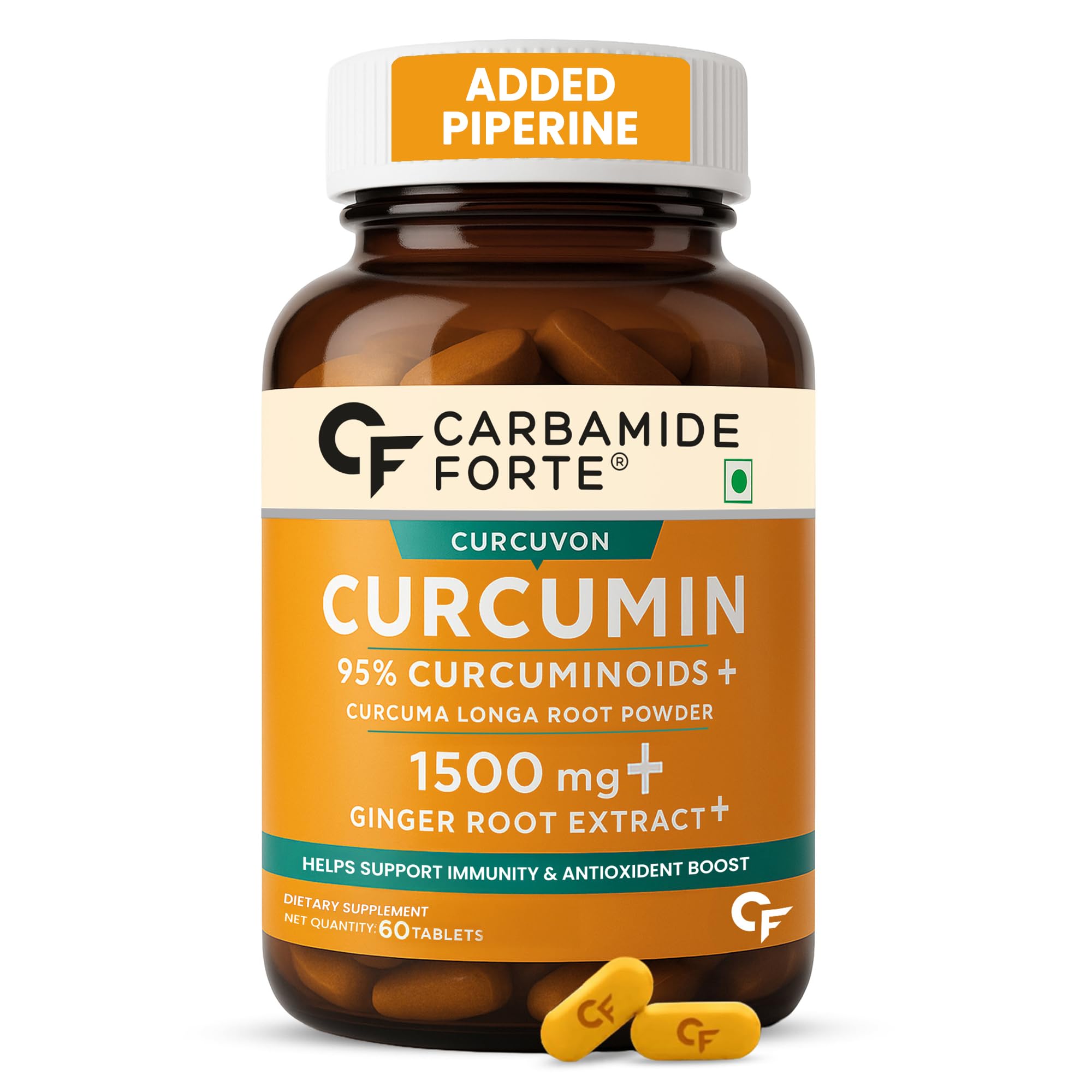 Carbamide Forte Curcumin Tablets With Piperine And 95% Curcuminoids | Anti Inflammation Supplements For Adults | Curcumin Ginger Supplement | Immunity Booster For Adults - 60 Veg Tablets