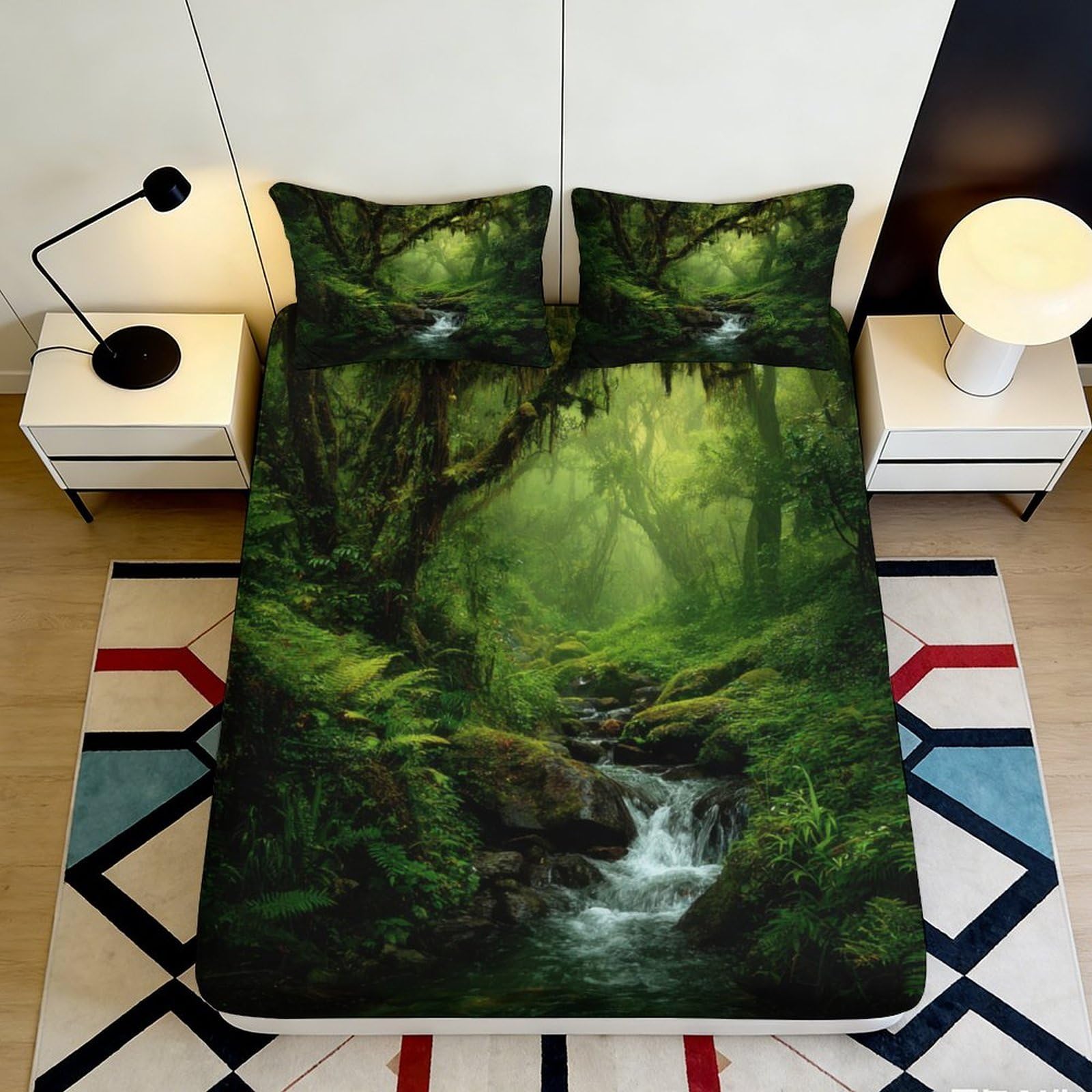 3D Printed Forest Stream Fitted Sheet Microfiber Soft Green Nature Woodland Bed Cover Bedroom Decor 90x200x25cm