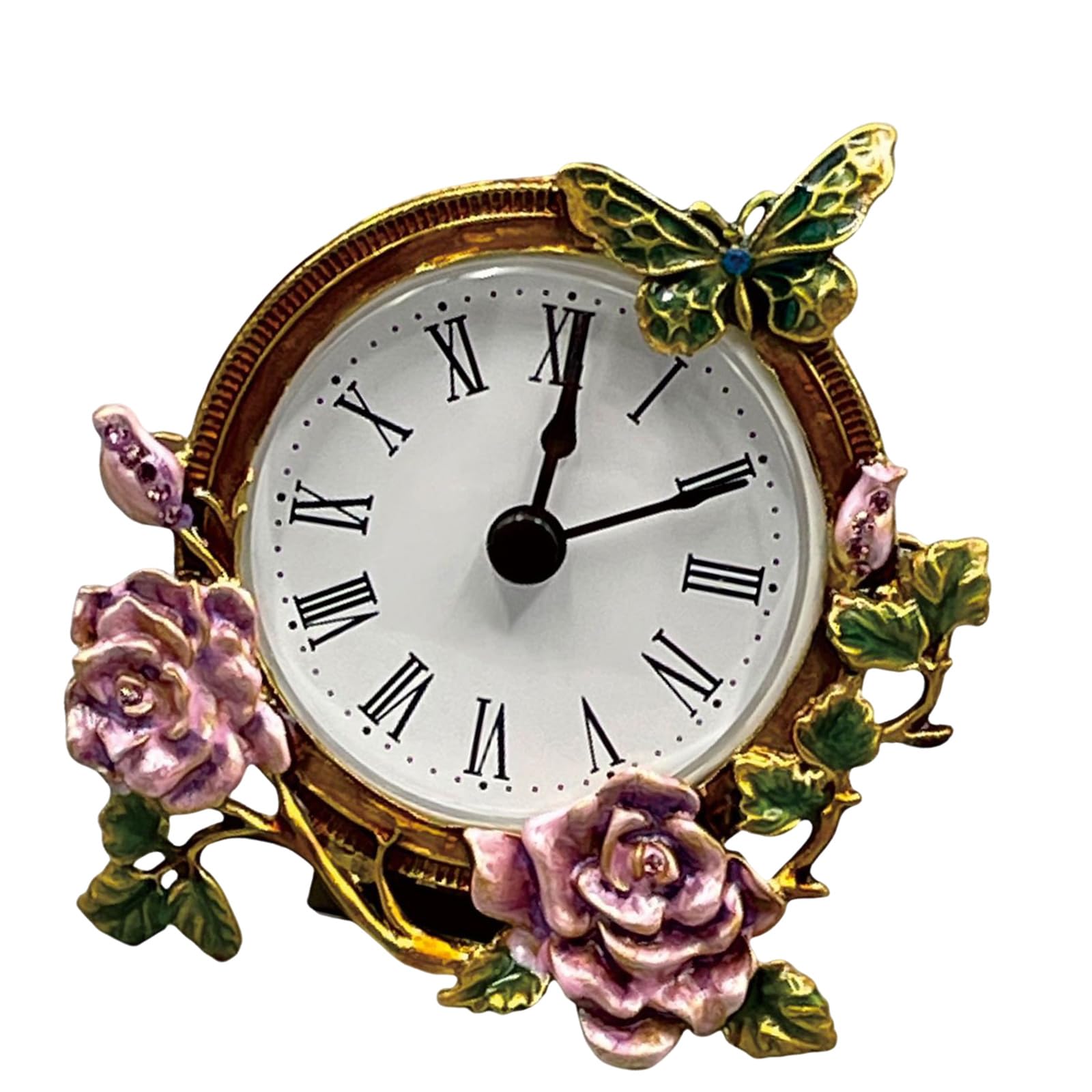 Hsioluted Handcrafts Small Analog Clock with Timing and Decorative Floral Butterfly Pattern Vintage Desktop Clock Decors Elegant Gift